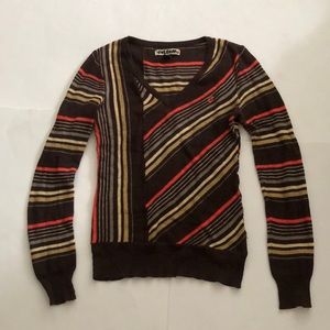 Volcom M Sweater Brown Multi stripe Pink V-neck Long sleeve Excellent Condition